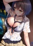  1girl azur_lane baltimore_(after-school_ace)_(azur_lane) baltimore_(azur_lane) bangs black_neckwear black_skirt blush braid breasts choker cleavage clothes_around_waist collarbone collared_shirt hair_between_eyes highres large_breasts looking_at_viewer necktie open_clothes open_mouth open_shirt pleated_skirt rain school_uniform shirt short_hair short_sleeves skirt solo wet wsman yellow_eyes 