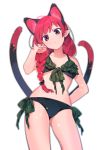  1girl akagashi_hagane alternate_hairstyle animal_ear_fluff animal_ears bangs bare_arms bare_shoulders bikini braid cat_ears collarbone commentary_request cowboy_shot frilled_bikini frills front-tie_bikini front-tie_top green_bikini hand_in_hair hand_on_hip hand_up head_tilt kaenbyou_rin light_particles long_hair looking_at_viewer multiple_tails navel nekomata pointy_ears red_eyes red_hair side-tie_bikini simple_background solo standing stomach swimsuit tail thighs touhou two_tails white_background 