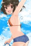  1girl adapted_costume ass bikini black_hair blue_sky brown_eyes cloud commentary_request cowboy_shot day denim denim_shorts from_behind highres hose kantai_collection looking_at_viewer mof_siromimi open_mouth orange_bikini orange_bikini_top outdoors sendai_(kantai_collection) short_hair short_shorts shorts sky smile solo standing swimsuit water 