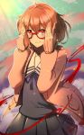  1girl 2019 bandaged_hands bandages bangs black_shirt black_skirt blood blue_ribbon blurry blurry_background blush brown_cardigan brown_eyes brown_hair cardigan closed_mouth commentary_request depth_of_field eyebrows_visible_through_hair glasses hair_between_eyes hands_up highres kosumi kuriyama_mirai kyoto_animation kyoukai_no_kanata long_sleeves neck_ribbon open_cardigan open_clothes pleated_skirt red-framed_eyewear ribbon sailor_collar shirt signature skirt sleeves_past_wrists smile solo white_sailor_collar 