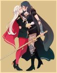  2girls absurdres arm_around_waist beige_background blush boots brooch byleth_(fire_emblem) byleth_(fire_emblem)_(female) cape closed_eyes dreamsyndd edelgard_von_hresvelg fire_emblem fire_emblem:_three_houses hair_ribbon high_heels highres hug jewelry long_hair medium_hair multiple_girls noses_touching pantyhose red_legwear ribbon simple_background smile standing sword weapon yuri 