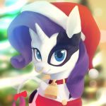  1:1 2018 blue_eyes christmas clothing cowbell equid facial_piercing fan_character female feral friendship_is_magic hat headgear headwear hi_res holidays horn looking_at_viewer mammal my_little_pony nose_piercing nose_ring outside piercing raricow_(mlp) rarity_(mlp) santa_hat smile solo stardep unicorn 