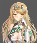  1girl bangs bare_shoulders black_background blonde_hair blush breasts cleavage cleavage_cutout closed_mouth dress earrings elbow_gloves eyebrows_visible_through_hair frown gem gloves hand_up hikari_(xenoblade_2) jewelry large_breasts long_hair looking_at_viewer playing_with_own_hair shoulder_armor simple_background sleeveless sleeveless_dress solo straight_hair swept_bangs upper_body white_dress white_gloves xenoblade_(series) xenoblade_2 yaxiya yellow_eyes 