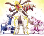  arceus claws closed_eyes commentary_request confetti dialga flying gem giratina happy highres ice_ground legendary_pokemon no_humans open_mouth palkia pokemon pokemon_(creature) pokemon_(game) pokemon_dppt simple_background smile spikes tail teeth white_background wings 