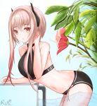  1girl bare_shoulders bikini black_swimsuit blonde_hair blush breasts commentary_request eyebrows_visible_through_hair flower girls_frontline hair_between_eyes hair_ornament hibiscus ladder large_breasts leaf leaf_background long_hair looking_at_viewer m4_sopmod_ii_(girls_frontline) open_mouth plant pool red_eyes red_flower red_hair rino_rea short_hair sidelocks simple_background solo swimsuit tree water white_background 