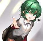  1860_(ichi) 1girl antennae black_cape black_shorts blush cape commentary cowboy_shot flat_chest foreshortening gradient gradient_background green_eyes green_hair grey_background hair_between_eyes leaning_forward light_blush looking_at_viewer open_mouth outstretched_hand pantyhose reaching_out shiny shiny_hair shirt short_hair shorts solo standing tan_legwear touhou untucked_shirt white_shirt wing_collar wriggle_nightbug 