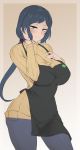  1girl absurdres apron beige_background black_apron blue_hair blush breasts denim gradient gradient_background green_eyes gundam gundam_build_fighters hand_on_own_chest highres iori_rinko jeans jewelry large_breasts long_hair looking_at_viewer low-tied_long_hair married mature pants pocari_sweat_(artist) ponytail ribbed_sweater ring smile sweater turtleneck yellow_sweater 