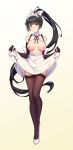  1girl absurdres areolae azur_lane bangs bare_shoulders black_gloves black_hair black_legwear blush bow breasts breasts_outside brown_eyes cleavage cleavage_cutout elbow_gloves eyebrows_visible_through_hair full_body gloves hair_bow high_heels highres large_breasts long_hair looking_at_viewer maid maid_headdress maoshinian1 neck_ribbon nipples parted_lips ponytail ribbon simple_background skirt_hold solo takao_(azur_lane) thighhighs very_long_hair white_bow white_footwear 