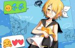  &gt;_&lt; ... /\/\/\ 1girl 2boys :d :t androgynous annoyed bandage_over_one_eye bare_shoulders blonde_hair blue_background blush bow brother_and_sister chibi cosplay costume_switch crossdressing detached_sleeves embarrassed emoji hair_bow hair_ornament hairclip headphones headset kagamine_len kagamine_rin kagamine_rin_(cosplay) looking_at_viewer mizuhoshi_taichi multiple_boys oliver_(vocaloid) open_mouth pout sailor_collar shirt short_hair shorts siblings sleeveless sleeveless_shirt smile sparkle squiggle sweatdrop tearing_up thumbs_up treble_clef twins vocaloid wavy_eyebrows xd yellow_eyes 