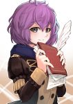  1girl ahoge bernadetta_von_varley blush book cravat fire_emblem fire_emblem:_three_houses grey_eyes highres looking_at_viewer nakabayashi_zun open_mouth purple_hair shadow short_hair simple_background solo uniform white_background 