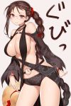  1girl asamura_hiori bangs bare_shoulders blush braid breasts brown_eyes brown_hair center_opening choker cleavage closed_mouth collarbone commentary_request consort_yu_(fate) ear_piercing earrings fate/grand_order fate_(series) glasses hat heroic_spirit_festival_outfit highres jewelry large_breasts long_hair looking_at_viewer multiple_earrings navel o-ring piercing revealing_clothes revision simple_background smile solo sun_hat very_long_hair white_background 