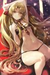  1girl arm_up armpits bandeau bangs bare_shoulders between_breasts bikini black_bikini blonde_hair blush breasts earrings ereshkigal_(fate/grand_order) eyebrows_visible_through_hair fate/grand_order fate_(series) goomrrat groin hair_ribbon hand_up head_tilt highres infinity jewelry light_particles long_hair looking_at_viewer navel necklace parted_bangs red_eyes red_ribbon ribbon smile solo spine stomach strapless strapless_bikini swimsuit thighs two_side_up 