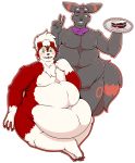  2019 absurd_res alpha_channel belly big_belly black_fur blush cake canid canine digital_media_(artwork) duo eeveelution eyewear feeding food fur goggles hi_res lycanroc male mammal midnight_lycanroc moobs mostly_nude nintendo nipples nude obese obese_male one_eye_closed open_mouth outline overweight overweight_male plate pok&eacute;mon pok&eacute;mon_(species) red_fur scarf simple_background smile thefoxydragon transparent_background umbreon video_games white_fur wink 