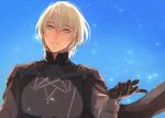  1boy armor blonde_hair blue_eyes byleth_(fire_emblem) byleth_(fire_emblem)_(male) cape eorinamo fire_emblem fire_emblem:_three_houses gloves hair_ornament long_hair looking_at_viewer male_focus short_hair simple_background smile upper_body 