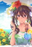  1girl alternate_costume blue_sky brown_eyes brown_hair bush collarbone cup day dress drinking_glass drinking_straw flower green_dress hair_between_eyes hair_ribbon hat highres kantai_collection long_hair looking_at_viewer ocean outdoors red_flower ribbon short_sleeves sky solo sun_hat tone_(kantai_collection) twintails upper_body yami_(m31) yellow_flower 