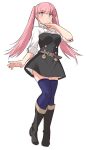  1girl bangs belt black_dress black_footwear boots brown_belt character_request dress eyebrows_visible_through_hair fire_emblem fire_emblem:_three_houses from_below full_body long_hair looking_at_viewer multicolored multicolored_clothes multicolored_dress pink_hair purple_legwear shiseki_hirame short_dress sidelocks simple_background smile solo thighhighs twintails white_background white_dress 