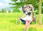  1girl bag bench black_bow blonde_hair blue_eyes bow breasts cloud cloudy_sky colorado_(kantai_collection) commentary_request day dress field grass hair_ribbon handbag hat house kantai_collection large_breasts mountainous_horizon open_mouth ribbon shoes short_hair side_braids sky solo sun_hat torpedo tree turret white_dress white_ss_yu 