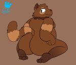  2019 absurd_res anthro belly brown_fur bunnybara butt canid canine fur hi_res male mammal moobs nipples overweight overweight_male raccoon_dog simple_background solo tanuki 