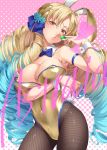  1girl animal_ears arm_under_breasts astraea_(fate/grand_order) bangs bare_shoulders big_hair blonde_hair blue_bow blue_hair blush bow bowtie breasts bunny_ears bunny_tail character_name cleavage covered_navel detached_collar drill_hair fate/grand_order fate_(series) fishnet_pantyhose fishnets gradient_hair hair_bow large_breasts leotard long_hair looking_at_viewer luviagelita_edelfelt mukunokino_isshiki multicolored_hair open_mouth pantyhose parted_bangs pink_background solo tail thighs very_long_hair wrist_cuffs yellow_eyes 