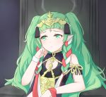  1girl braid chirun0 closed_mouth fire_emblem fire_emblem:_three_houses green_eyes green_hair hair_ornament long_hair manakete pointy_ears sitting solo sothis_(fire_emblem) throne tiara twin_braids upper_body 