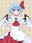  1girl akagashi_hagane ascot bangs bat_wings blue_hair brooch commentary_request cowboy_shot dress eyebrows_visible_through_hair fang fang_out frilled_shirt_collar frills grey_background hair_between_eyes hair_ribbon hands_on_hips jewelry looking_at_viewer no_hat no_headwear red_eyes red_neckwear red_ribbon remilia_scarlet ribbon short_hair skin_fang solo standing touhou v-shaped_eyebrows white_dress wings 