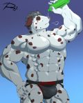  anthro bulge canid canine canis clothed clothing dalmatian domestic_dog eyes_closed hi_res male mammal muscular muscular_male pecs reclamon solo standing topless underwear water_bottle 