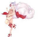  1girl animal_ears ass blue_eyes blush drawing fox grey_hair hair_ornament hair_ribbon kitsune legs long_hair mirei-yume open_mouth original ribbon shoes tail 