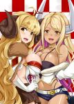  2girls :d ahoge anila_(granblue_fantasy) bangs belt blonde_hair blush breast_press breasts cape checkered checkered_background choker cleavage draph eyebrows_visible_through_hair fur_cape granblue_fantasy highleg highleg_panties horn_ribbon horns kuvira_(granblue_fantasy) ky_kosuke large_breasts long_hair looking_back miniskirt multicolored_hair multiple_girls navel off_shoulder open_mouth pale_skin panties parted_bangs pointy_ears purple_hair ribbon sheep_horns short_shorts shorts skirt smile symmetrical_docking two-tone_hair underwear very_long_hair wavy_hair yellow_eyes 