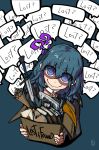  ?? absurdres blue_background blue_eyes blue_hair book box byleth_(fire_emblem)_(female) cardboard_box commentary crazy_eyes dice english_text fire_emblem fire_emblem:_three_houses highres holding holding_box knife letter rangut sack shaded_face short_eyebrows signature simple_background smile sword thick_eyebrows weapon 