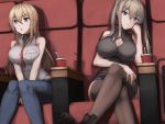  2girls alternate_costume bare_shoulders bismarck_(kantai_collection) blonde_hair blue_eyes blue_pants boots breasts brown_footwear brown_legwear brown_shirt chair cleavage_cutout commentary_request cup disposable_cup drinking_straw ghound graf_zeppelin_(kantai_collection) grey_eyes hair_between_eyes highres kantai_collection large_breasts long_hair multiple_girls pants revision shirt sidelocks sitting sleeveless sleeveless_shirt thighhighs twintails white_shirt 