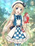  1girl blonde_hair blue_eyes blue_neckwear checkered_apron commentary_request compass cosplay enemy_lifebuoy_(kantai_collection) gloves hat jervis_(kantai_collection) kantai_collection looking_at_viewer michishio_(kantai_collection) michishio_(kantai_collection)_(cosplay) outdoors sailor_hat shinkaisei-kan solo thighhighs two-tone_dress white_gloves white_headwear yuki_shuuka 