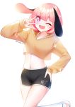  1girl ;d animal_ears black_shorts blush boyshorts brown_hoodie crop_top crop_top_overhang eyebrows_visible_through_hair fang hand_on_hip hand_up hood hood_down hoodie leg_up long_sleeves looking_at_viewer mamel_27 midriff navel one_eye_closed open_mouth original pink_hair purple_eyes shoes short_hair short_shorts shorts simple_background smile socks solo thick_eyebrows thighs twitter_username w white_background white_legwear 