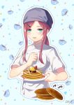  1girl alternate_costume bandana blue_background blue_eyes blueberry breasts brown_hair chef chef_uniform chocolate coffee_cup cup da-cart disposable_cup food fruit go-toubun_no_hanayome hair_ornament hairclip highres large_breasts long_hair looking_at_viewer nakano_miku open_mouth pancake parted_lips plate ponytail short_sleeves sidelocks strawberry syrup 
