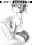  1girl ass bangs blue_hair blunt_bangs chair circle_cut competition_swimsuit cowboy_shot from_behind greyscale hair_between_eyes hair_ornament hair_ribbon highres looking_at_viewer monochrome one-piece_swimsuit re:zero_kara_hajimeru_isekai_seikatsu rem_(re:zero) ribbon sitting solo swimsuit tk4 white_background x_hair_ornament 