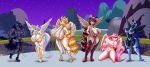  anthro big_breasts breasts cleavage clothed clothing equid fan_character female friendship_is_magic group hi_res horn huge_breasts mammal mrkashkiet my_little_pony nightmare_moon_(mlp) princess_celestia_(mlp) princess_luna_(mlp) princess_molestia self_suckle winged_unicorn wings 