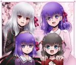  4girls black_hair blue_eyes child cokata corruption dark_persona dark_sakura empty_eyes fate/stay_night fate/zero fate_(series) hair_bobbles hair_ornament hair_ribbon heaven&#039;s_feel long_hair looking_at_viewer matou_sakura multiple_girls multiple_persona open_mouth purple_eyes purple_hair ribbon short_hair smile toosaka_sakura turtleneck twintails white_hair younger 