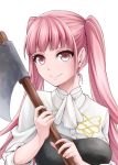  1girl axe closed_mouth fire_emblem fire_emblem:_three_houses hilda_valentine_goneril holding holding_axe long_hair pink_eyes pink_hair simple_background smile solo tenchan_man twintails uniform upper_body white_background 