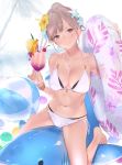  1girl ama_mitsuki ball bangs bare_shoulders beachball bikini bikini_under_clothes blackberry_(fruit) blush bracelet breasts brown_eyes cherry cleavage closed_mouth collarbone cup dated day drink drinking_straw flower food fruit groin hair_flower hair_ornament head_tilt hibiscus holding holding_cup holding_innertube inflatable_toy innertube jewelry lemon lemon_slice long_hair looking_at_viewer medium_breasts mole navel necklace orange orange_slice original outdoors pink_hair ponytail side-tie_bikini sidelocks skindentation smile solo stomach straddling swimsuit thighs tropical_drink twitter_username wet white_bikini 