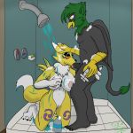  1:1 anthro avian bathroom big_breasts breast_grab breasts digimon digimon_(species) fellatio female gryphon hand_on_breast male male/female nipples nude oral penile renamon sex shampoo shower soap standing tezcatl tezcatl-ayauhtli tongue tongue_out water 