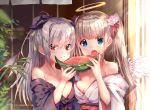  2girls angel blue_eyes blush breasts brown_hair cleavage cropped demon fang food fruit gray_hair halo horns japanese_clothes long_hair original ponytail red_eyes twintails usagihime watermelon wings yukata 