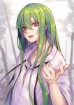  1other androgynous blue_eyes blurry blurry_background collarbone enkidu_(fate/strange_fake) fate/grand_order fate_(series) green_hair hair_between_eyes hand_up highres lips long_hair looking_at_viewer open_mouth re_(re_09) red_ribbon ribbon robe shiny shiny_skin sidelocks solo teeth toga tongue tree very_long_hair white_robe 