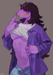  4_fingers anthro bebebebebe blush bodily_fluids breasts clothed clothing deltarune female fingers hair hair_over_eyes hi_res long_hair non-mammal_breasts open_jacket open_pants pubes purple_skin raised_clothing raised_shirt reptile scalie simple_background smile solo susie_(deltarune) sweat sweatdrop teeth under_boob video_games 