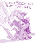  2019 angry bodily_fluids crown dstears duo english_text equid feathered_wings feathers female feral friendship_is_magic hair hi_res horn jewelry mammal monochrome my_little_pony necklace princess_celestia_(mlp) simple_background sweat text twilight_sparkle_(mlp) white_background winged_unicorn wings 