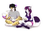  2019 4_toes 5_fingers absurd_res anthro barefoot black_hair black_nose breasts canid canine cheetah claws clothed clothing digital_media_(artwork) digitigrade ear_piercing ear_ring felid feline female fingers fox fur green_eyes hair hi_res kyotoleopard male mammal pawpads piercing pink_pawpads purple_hair purple_nose simple_background sitting spots spotted_fur toes white_background white_fur yellow_fur 