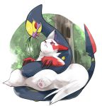  claws commentary_request fangs flower flower_in_mouth forest fur gen_3_pokemon hoshineko_(mogyuneko822) leaf nature no_humans paws plant pokemon pokemon_(creature) pokemon_(game) pokemon_rse red_eyes seviper sitting snake tail tree white_background wood zangoose 