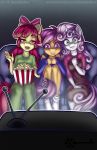  2019 amber_eyes anthro anthrofied apple_bloom_(mlp) bumblebun clothing earth_pony equid equine female food friendship_is_magic green_eyes group hi_res horn horse mammal my_little_pony pony popcorn pterippus purple_eyes scared scootaloo_(mlp) sweetie_belle_(mlp) television unicorn wings 