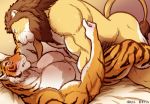  2019 anthro arm_grab bodily_fluids butt chest_tuft duo felid hi_res leg_wrap lion looking_at_another looking_at_partner male male/male mammal mane maririn muscular nipples nude pantherine romantic_couple sweat tail_tuft tiger tuft whiskers 
