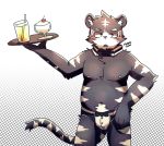  2019 absurd_res anthro belly beverage black_fur blush clothing felid fur hi_res male mammal moobs nipples pantherine simple_background slightly_chubby solo tcho_m tiger underwear white_fur 