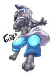  2015 absurd_res accessory anthro barefoot big_breasts blue_nose bottomwear breasts clothed clothing female fur grey_fur hair headband hi_res lagomorph leporid long_hair lyra_(pop&#039;n_music) mammal navel pop&#039;n_music rabbit red_eyes shorts simple_background skimpy solo tailzkim text under_boob white_background white_hair 