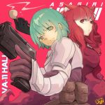  2girls animal_ears aqua_eyes aqua_hair artist_name body_armor cat_ears character_name fanny_pack gun handgun highres little_ouji multiple_girls pipe pouch red_background red_eyes red_hair sei_asagiri smoke stella_hoshii trigger_discipline va-11_hall-a weapon 